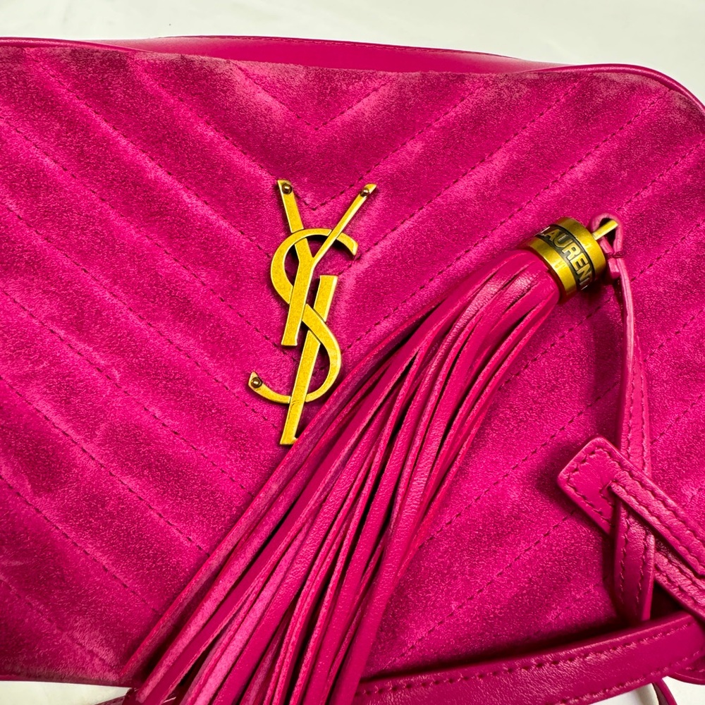 Saint Laurent Lou Camera Bag Matelasse Chevron Suede Small Pink